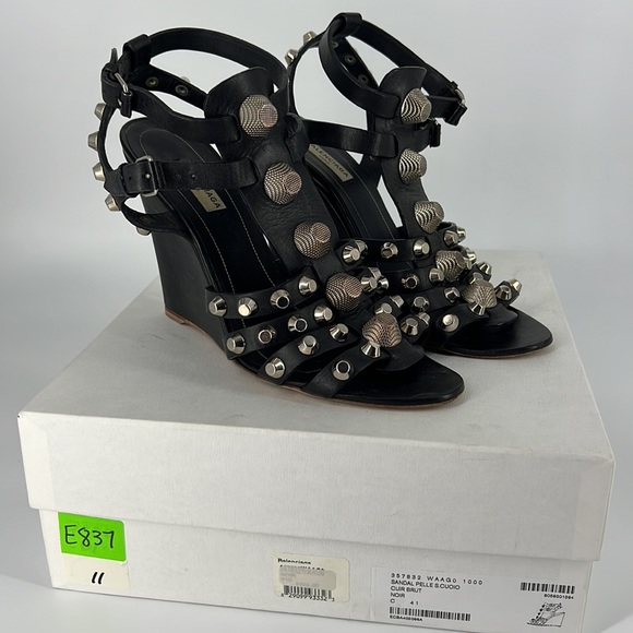 Balenciaga 41 Arena Gladiator Roman Black Large Stud studded Wedges Sandals E837 - Picture 3 of 17